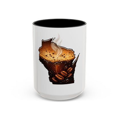 Wisconsin Coffee Mug — State-Shaped Brew with Coffee Beans Accent