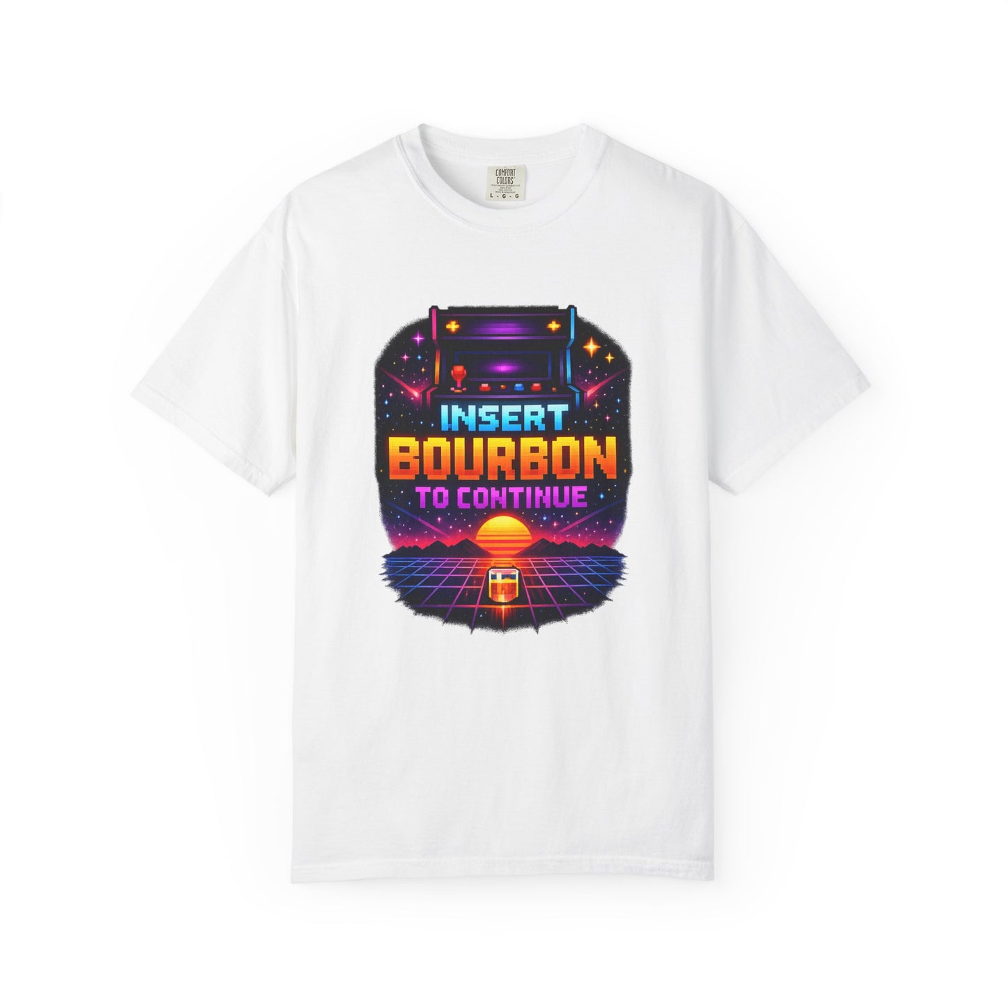 Insert Bourbon to Continue T-Shirt — Retro Neon Gamer Whiskey Tee