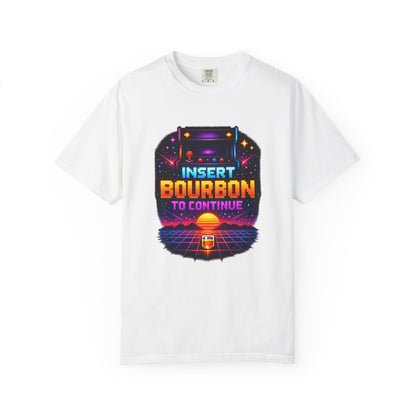 Insert Bourbon to Continue T-Shirt — Retro Neon Gamer Whiskey Tee