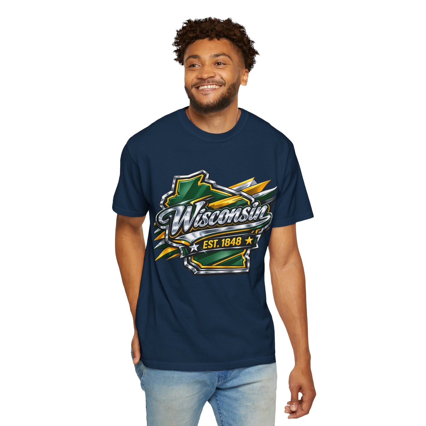 Wisconsin EST. 1848 Bold Shield T-Shirt | Green and Gold Wisconsin State Pride Tee