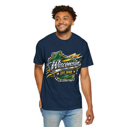 Wisconsin EST. 1848 Bold Shield T-Shirt | Green and Gold Wisconsin State Pride Tee