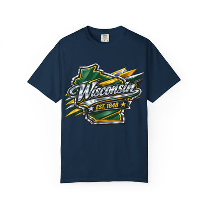 Wisconsin EST. 1848 Bold Shield T-Shirt | Green and Gold Wisconsin State Pride Tee