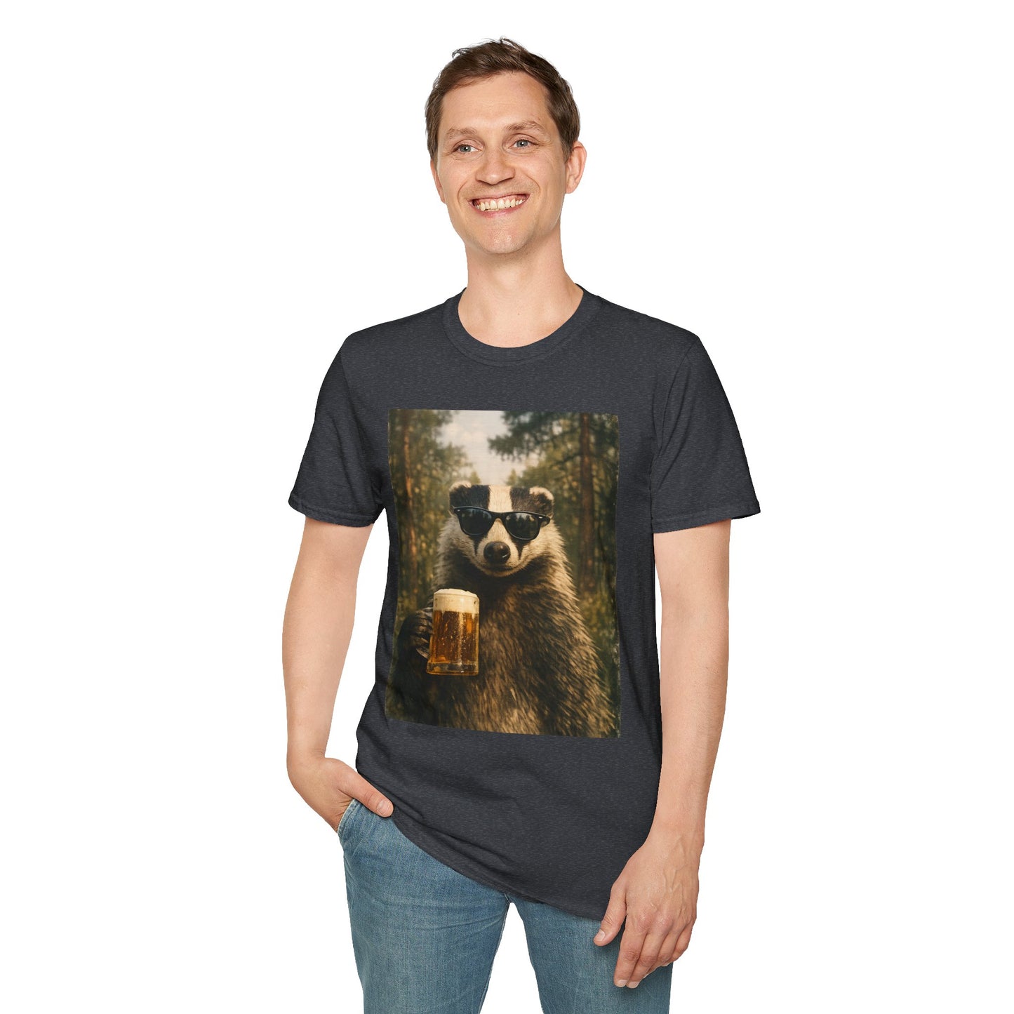 Badger Holding Beer T‑Shirt – Funny Forest Animal Drinking Tee