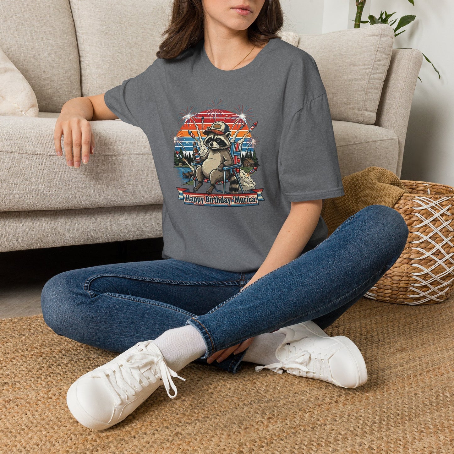 Happy Birthday ’Murica Raccoon T-Shirt – Funny Patriotic Fireworks Tee