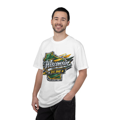 Wisconsin EST. 1848 Bold Shield T-Shirt | Green and Gold Wisconsin State Pride Tee