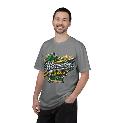 Wisconsin EST. 1848 Bold Shield T-Shirt | Green and Gold Wisconsin State Pride Tee