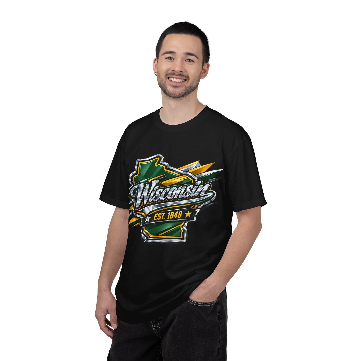 Wisconsin EST. 1848 Bold Shield T-Shirt | Green and Gold Wisconsin State Pride Tee