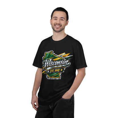 Wisconsin EST. 1848 Bold Shield T-Shirt | Green and Gold Wisconsin State Pride Tee