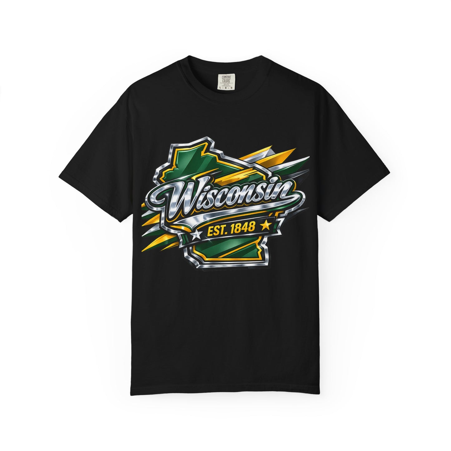Wisconsin EST. 1848 Bold Shield T-Shirt | Green and Gold Wisconsin State Pride Tee