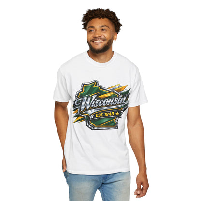 Wisconsin EST. 1848 Bold Shield T-Shirt | Green and Gold Wisconsin State Pride Tee