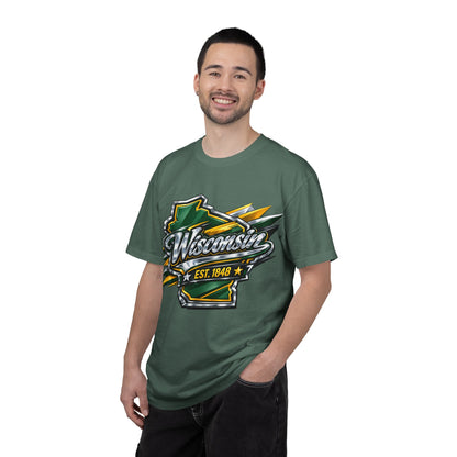 Wisconsin EST. 1848 Bold Shield T-Shirt | Green and Gold Wisconsin State Pride Tee