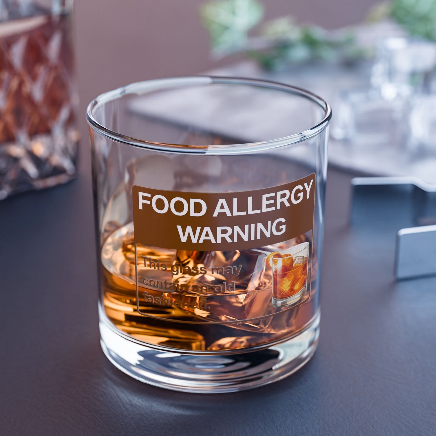 Funny Whiskey Rocks Glass — "Food Allergy Warning" — 10 oz Old Fashioned Barware Gift