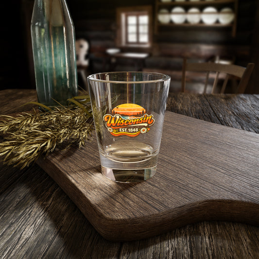 Wisconsin Retro Sunset Shot Glass — 'Wisconsin EST. 1848' Souvenir