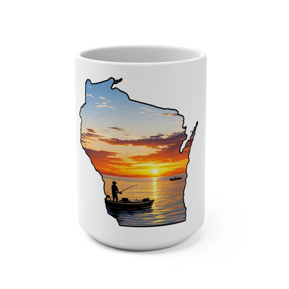 Wisconsin Sunrise Fishing Mug — 15oz State Silhouette Coffee Cup