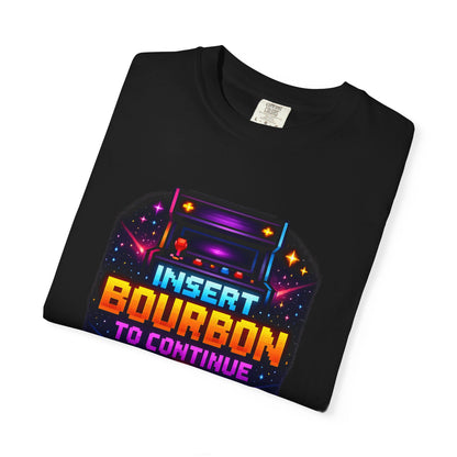 Insert Bourbon to Continue T-Shirt — Retro Neon Gamer Whiskey Tee