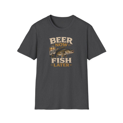 Beer Now Fish Later T‑Shirt — Funny Fishing Tee for Anglers & Beer Lovers