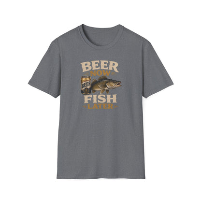 Beer Now Fish Later T‑Shirt — Funny Fishing Tee for Anglers & Beer Lovers