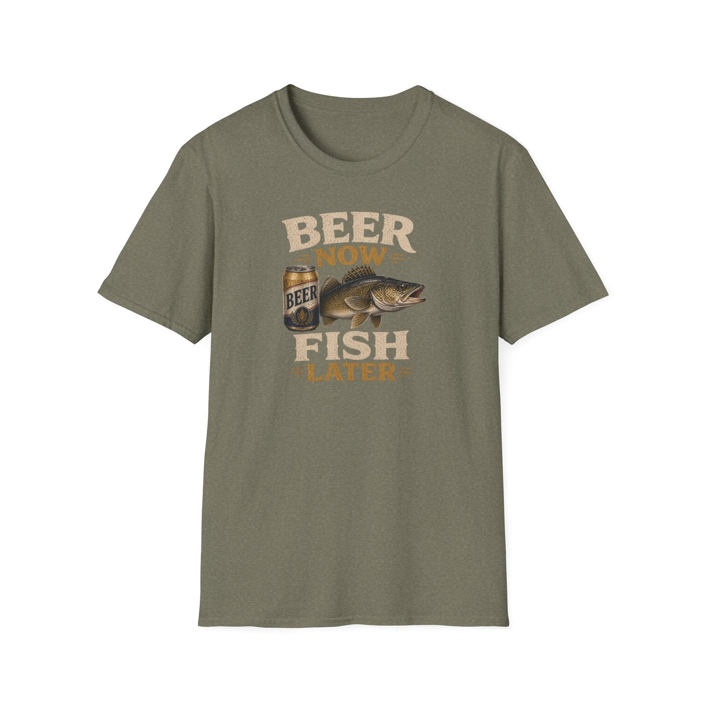 Beer Now Fish Later T‑Shirt — Funny Fishing Tee for Anglers & Beer Lovers