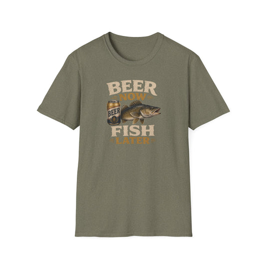Beer Now Fish Later T‑Shirt — Funny Fishing Tee for Anglers & Beer Lovers
