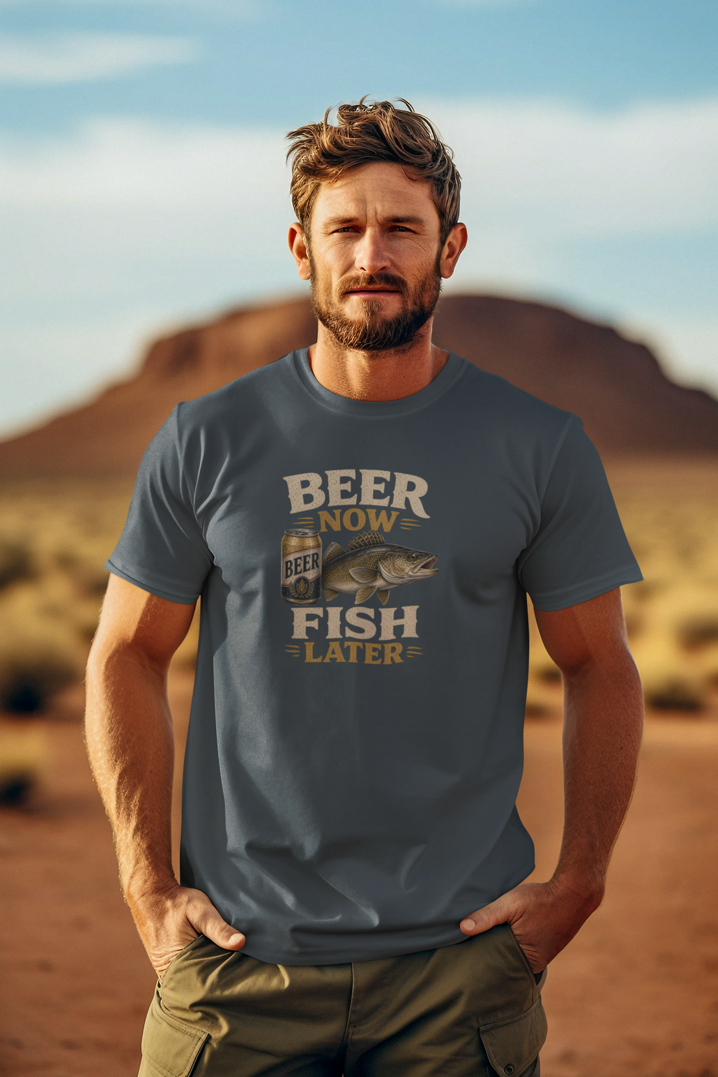 Beer Now Fish Later T‑Shirt — Funny Fishing Tee for Anglers & Beer Lovers