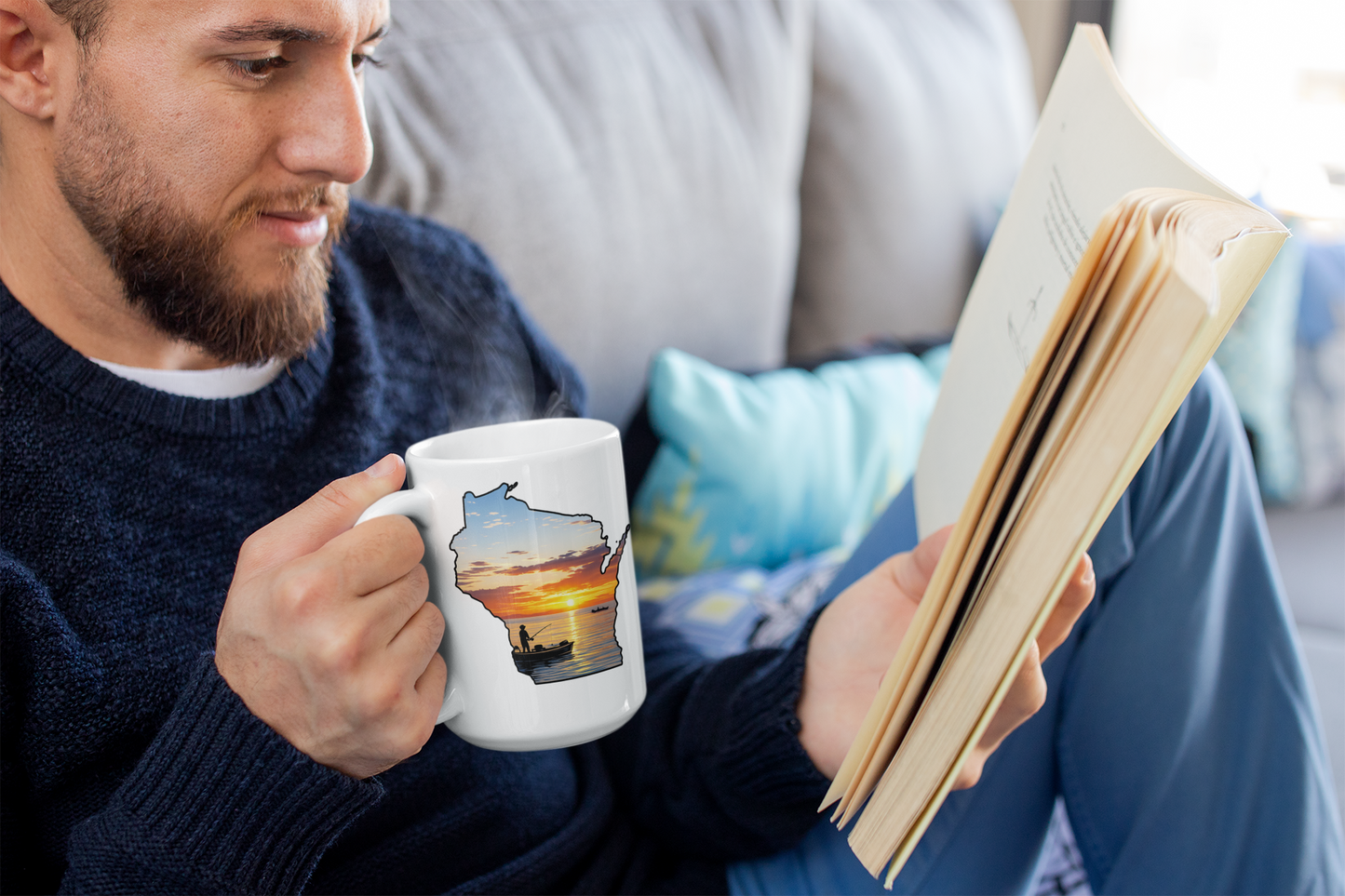 Wisconsin Sunrise Fishing Mug — 15oz State Silhouette Coffee Cup