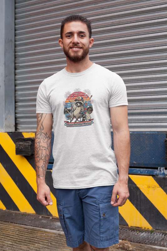 Happy Birthday ’Murica Raccoon T-Shirt – Funny Patriotic Fireworks Tee