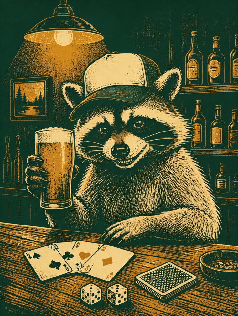 Retro screen-print illustration of a raccoon in a trucker cap raising a beer at a Wisconsin dive bar